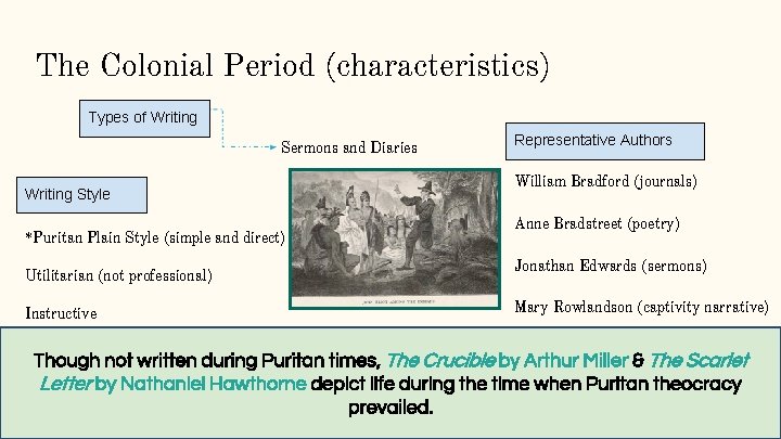 The Colonial Period (characteristics) Types of Writing Sermons and Diaries Writing Style *Puritan Plain