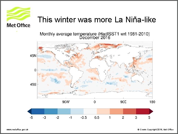 This winter was more La Niña-like www. metoffice. gov. uk © Crown Copyright 2016, This winter was more La Niña-like www. metoffice. gov. uk © Crown Copyright 2016,