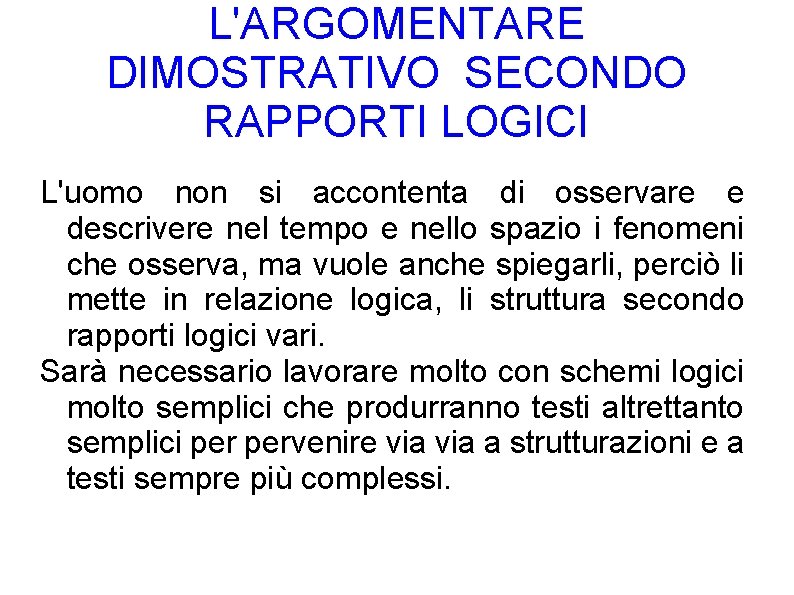 L'ARGOMENTARE DIMOSTRATIVO SECONDO RAPPORTI LOGICI L'uomo non si accontenta di osservare e descrivere nel L'ARGOMENTARE DIMOSTRATIVO SECONDO RAPPORTI LOGICI L'uomo non si accontenta di osservare e descrivere nel