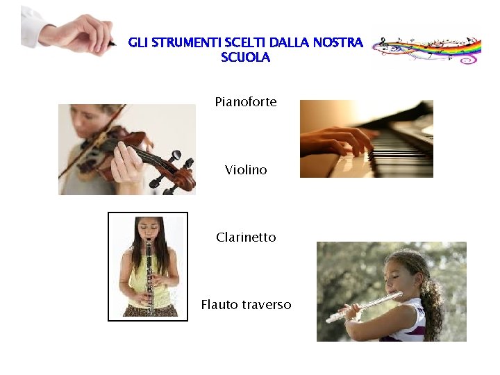 GLI STRUMENTI SCELTI DALLA NOSTRA SCUOLA Pianoforte Violino Clarinetto Flauto traverso 