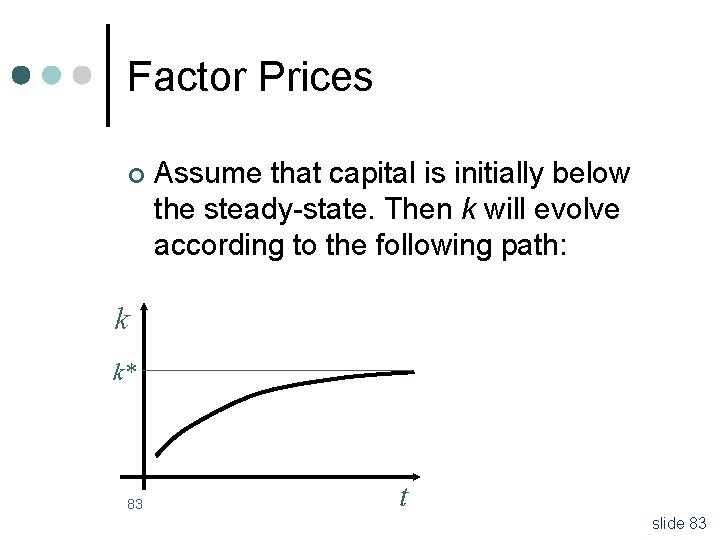Factor Prices ¢ Assume that capital is initially below the steady-state. Then k will