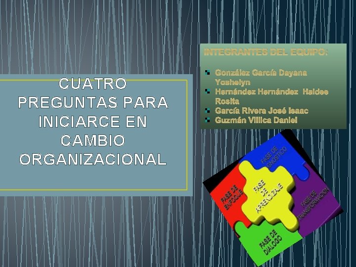 INTEGRANTES DEL EQUIPO: CUATRO PREGUNTAS PARA INICIARCE EN CAMBIO ORGANIZACIONAL González García Dayana Yoshelyn