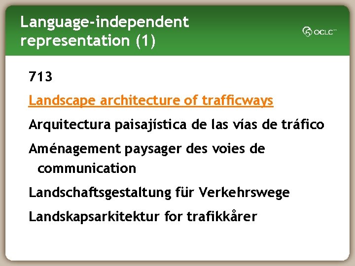 Language-independent representation (1) 713 Landscape architecture of trafficways Arquitectura paisajística de las vías de