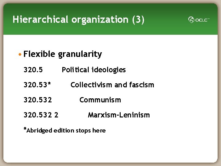 Hierarchical organization (3) • Flexible granularity 320. 53* 320. 532 2 Political ideologies Collectivism