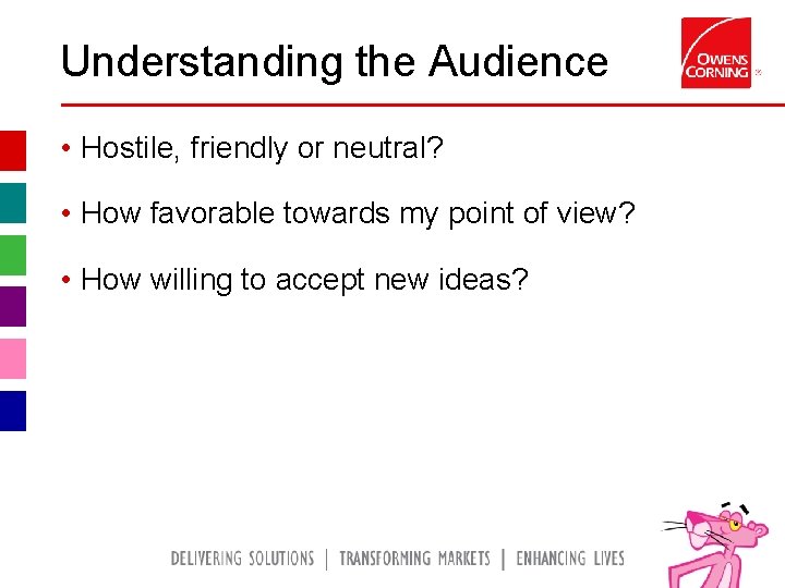 Understanding the Audience • Hostile, friendly or neutral? • How favorable towards my point