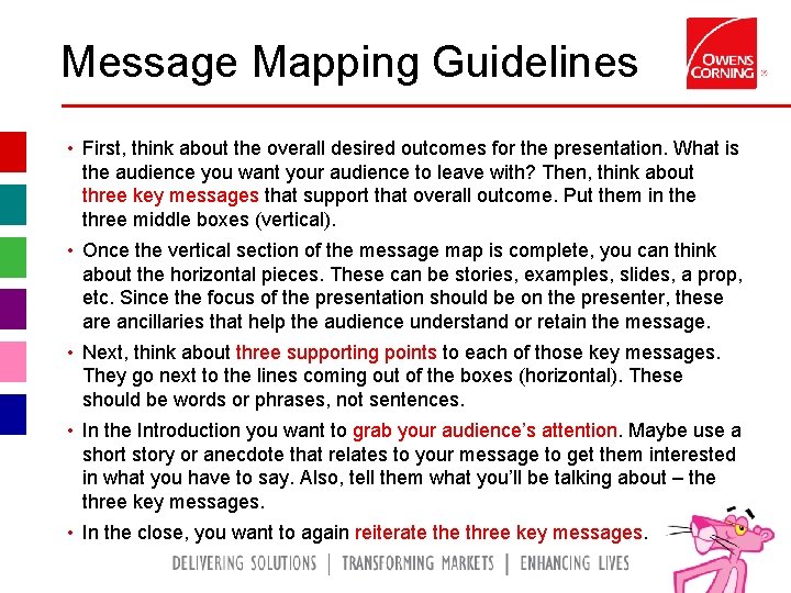 Message Mapping Guidelines • First, think about the overall desired outcomes for the presentation.