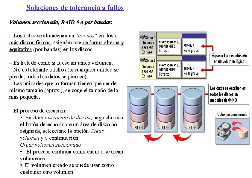 Soluciones de tolerancia a fallos Volumen seccionado, RAID 0 o por bandas: – Los