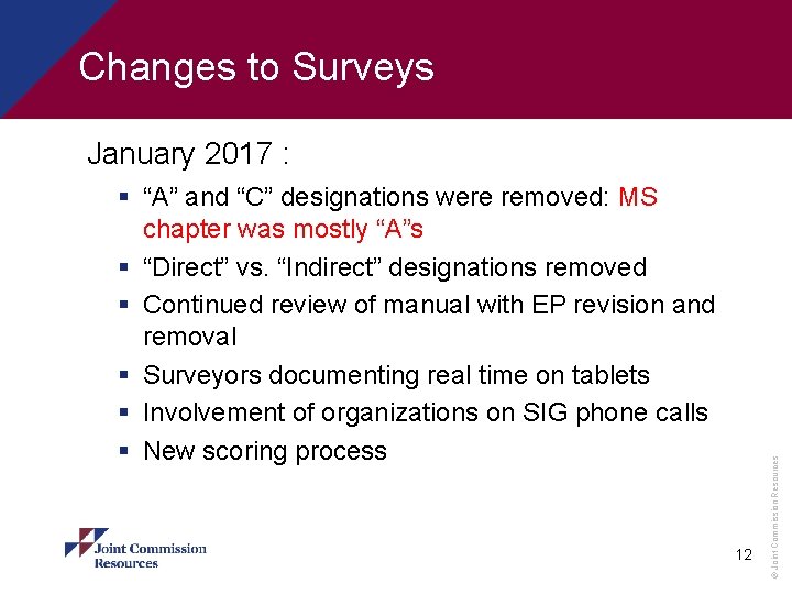 Changes to Surveys § “A” and “C” designations were removed: MS chapter was mostly