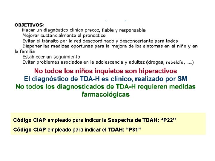 Código CIAP empleado para indicar la Sospecha de TDAH: “P 22” Código CIAP empleado