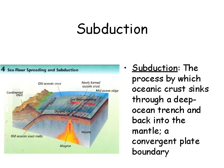 Subduction • Subduction: The process by which oceanic crust sinks through a deepocean trench