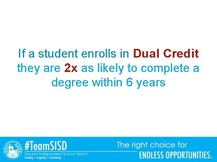 If a student enrolls in Dual Credit they are 2 x as likely to If a student enrolls in Dual Credit they are 2 x as likely to