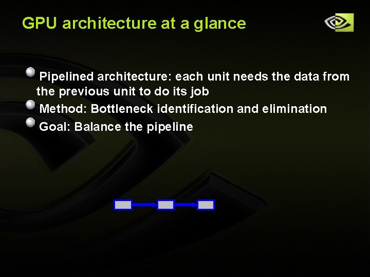 GPU architecture at a glance Pipelined architecture: each unit needs the data from the GPU architecture at a glance Pipelined architecture: each unit needs the data from the