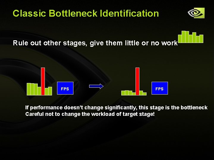 Classic Bottleneck Identification Rule out other stages, give them little or no work FPS Classic Bottleneck Identification Rule out other stages, give them little or no work FPS