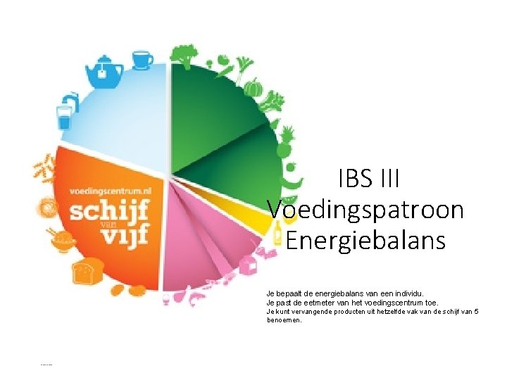 IBS III Voedingspatroon Energiebalans Je bepaalt de energiebalans van een individu. Je past de