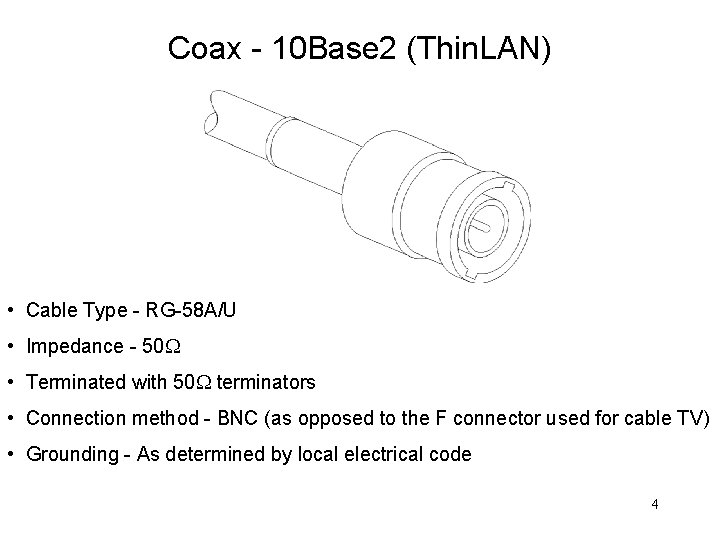 Coax - 10 Base 2 (Thin. LAN) • Cable Type - RG-58 A/U •