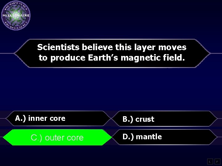 Scientists believe this layer moves to produce Earth’s magnetic field. A. ) inner core