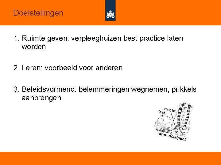 Doelstellingen 1. Ruimte geven: verpleeghuizen best practice laten worden 2. Leren: voorbeeld voor anderen