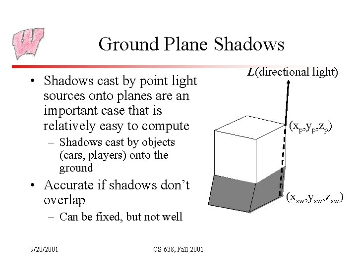 Ground Plane Shadows • Shadows cast by point light sources onto planes are an