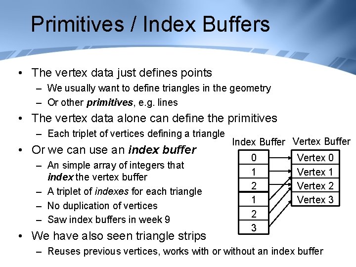 Primitives / Index Buffers • The vertex data just defines points – We usually