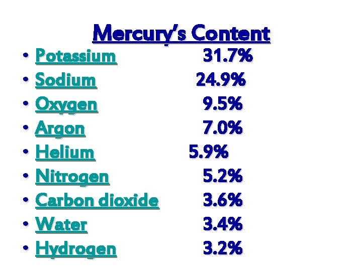 Mercury’s Content • Potassium • Sodium • Oxygen • Argon • Helium • Nitrogen
