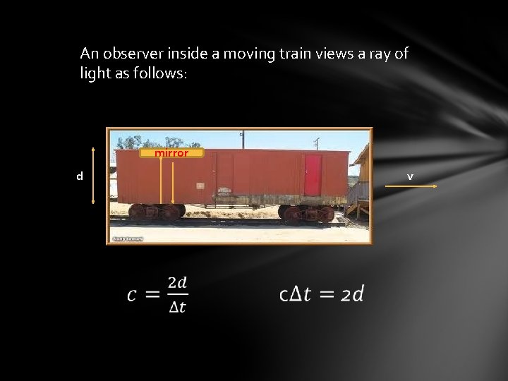 An observer inside a moving train views a ray of light as follows: mirror