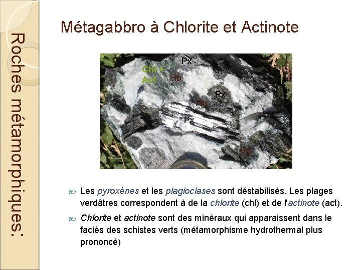 Roches métamorphiques: Métagabbro à Chlorite et Actinote Px Chl + Hb Act Hb Px