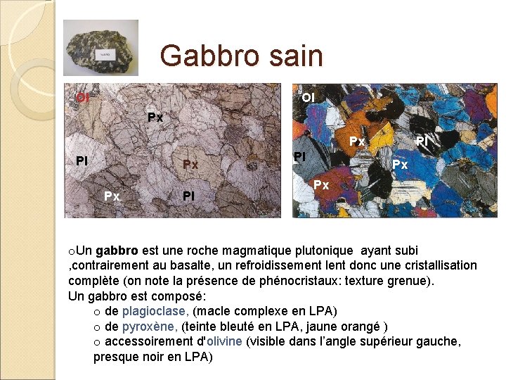 Gabbro sain Ol Ol Px Px Pl Pl Pl Px Px o. Un gabbro