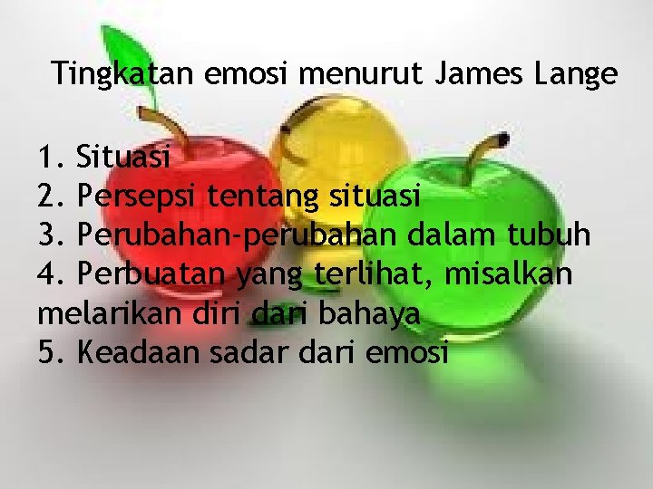 Tingkatan emosi menurut James Lange 1. Situasi 2. Persepsi tentang situasi 3. Perubahan-perubahan dalam Tingkatan emosi menurut James Lange 1. Situasi 2. Persepsi tentang situasi 3. Perubahan-perubahan dalam