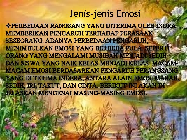 Jenis-jenis Emosi v. PERBEDAAN RANGSANG YANG DITERIMA OLEH INDRA MEMBERIKAN PENGARUH TERHADAP PERASAAN SESEORANG.