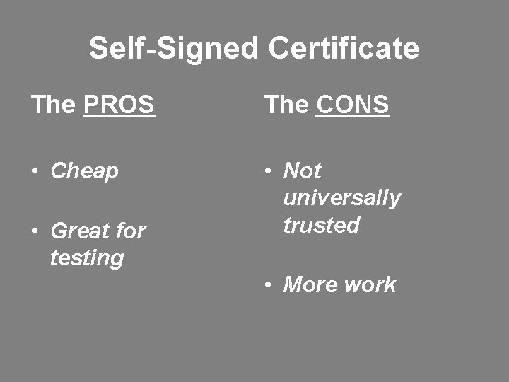 Self-Signed Certificate The PROS The CONS • Cheap • Not universally trusted • Great