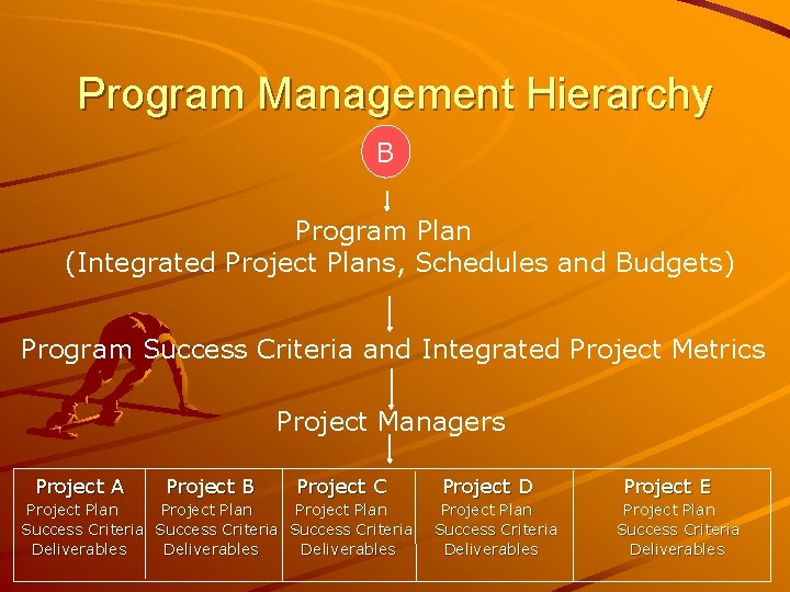 Program Management Hierarchy B Program Plan (Integrated Project Plans, Schedules and Budgets) Program Success