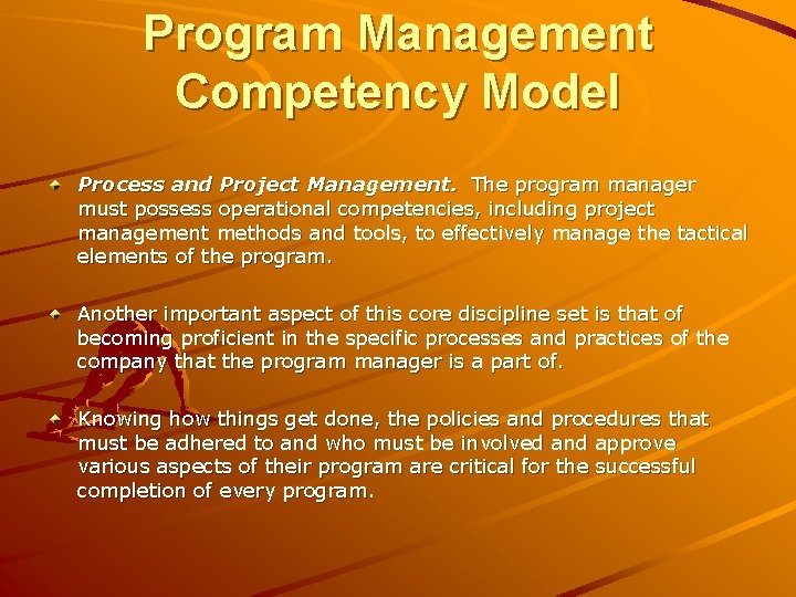 Program Management Competency Model Process and Project Management. The program manager must possess operational