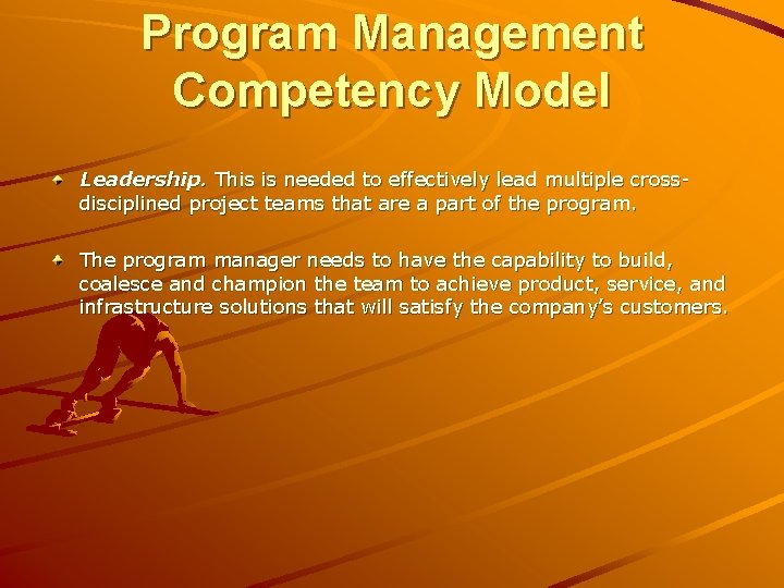 Program Management Competency Model Leadership. This is needed to effectively lead multiple crossdisciplined project