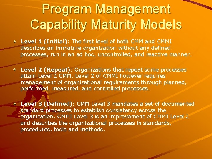 Program Management Capability Maturity Models Level 1 (Initial): The first level of both CMM