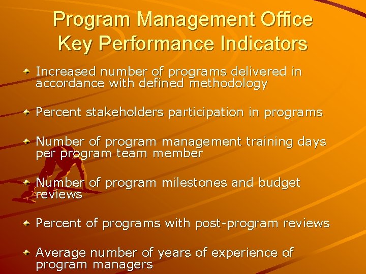 Program Management Office Key Performance Indicators Increased number of programs delivered in accordance with