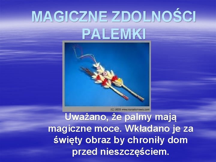 MAGICZNE ZDOLNOŚCI PALEMKI Uważano, że palmy mają magiczne moce. Wkładano je za święty obraz