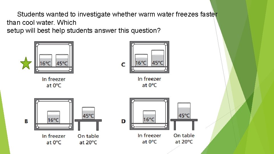 Students wanted to investigate whether warm water freezes faster than cool water. Which setup