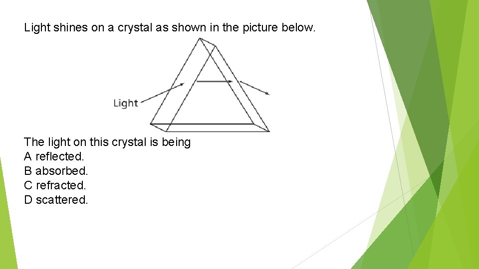 Light shines on a crystal as shown in the picture below. The light on