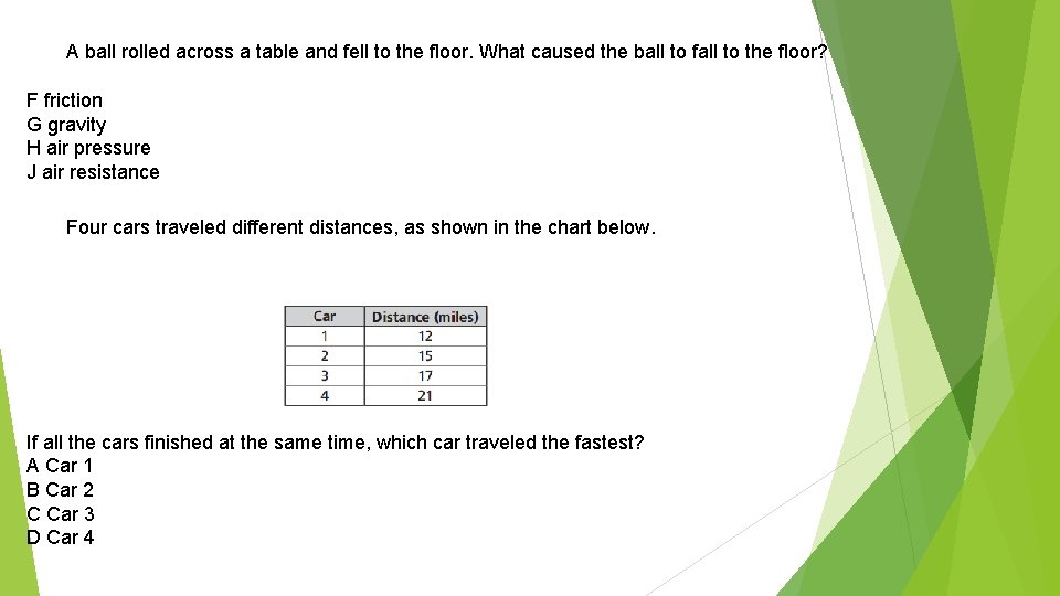 A ball rolled across a table and fell to the floor. What caused the