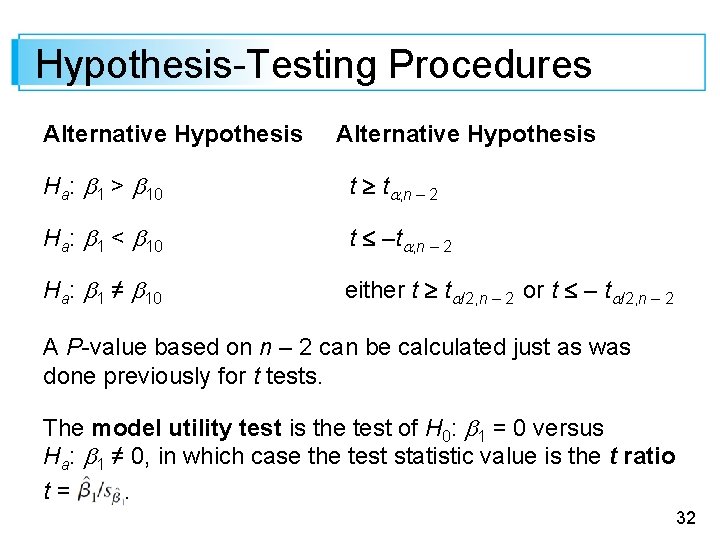 Hypothesis-Testing Procedures Alternative Hypothesis Ha: 1 > 10 t t , n – 2