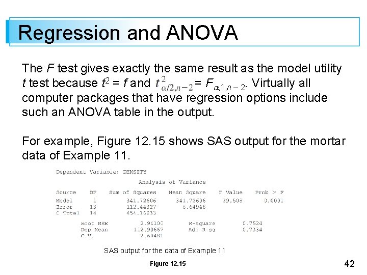 Regression and ANOVA The F test gives exactly the same result as the model