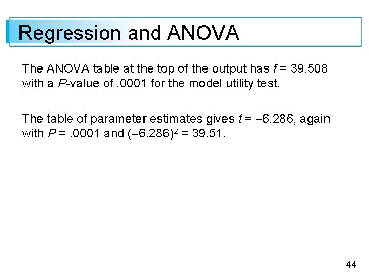 Regression and ANOVA The ANOVA table at the top of the output has f