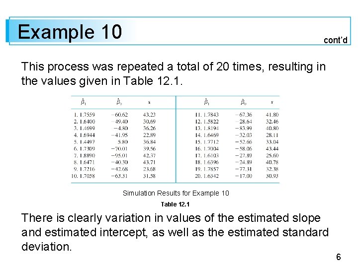 Example 10 cont’d This process was repeated a total of 20 times, resulting in