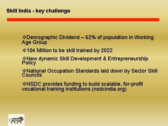 Skill India - key challenge v. Demographic Dividend – 62% of population in Working
