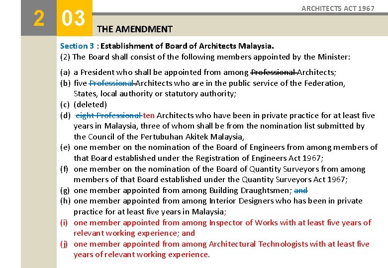 2 03 ARCHITECTS ACT 1967 THE AMENDMENT Section 3 : Establishment of Board of