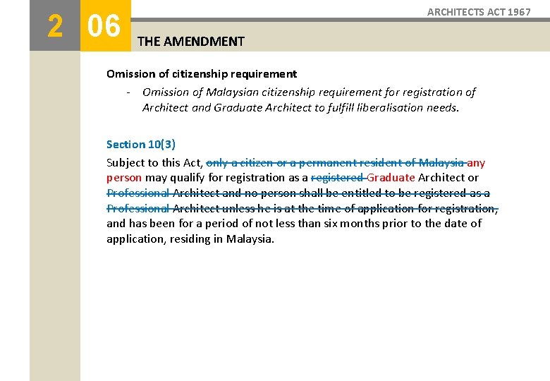 2 06 ARCHITECTS ACT 1967 THE AMENDMENT Omission of citizenship requirement - Omission of