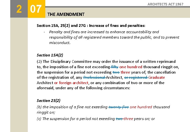 2 07 ARCHITECTS ACT 1967 THE AMENDMENT Section 15 A, 25(2) and 27 G