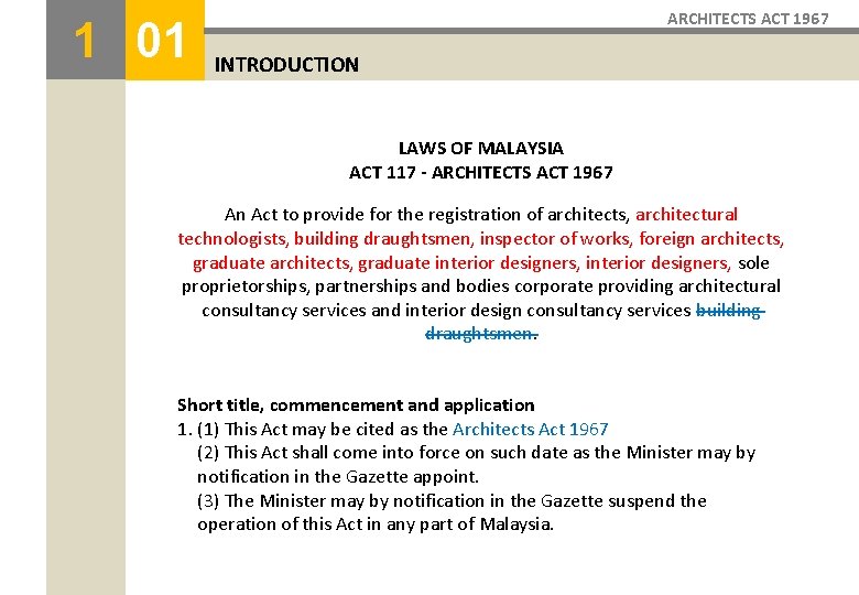 1 01 ARCHITECTS ACT 1967 INTRODUCTION LAWS OF MALAYSIA ACT 117 - ARCHITECTS ACT