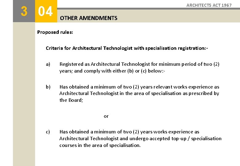 3 04 ARCHITECTS ACT 1967 OTHER AMENDMENTS Proposed rules: Criteria for Architectural Technologist with