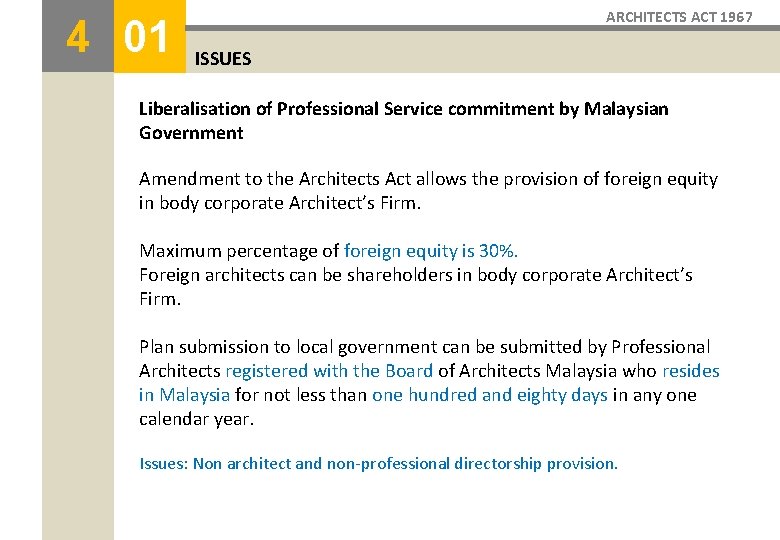 4 01 ARCHITECTS ACT 1967 ISSUES Liberalisation of Professional Service commitment by Malaysian Government